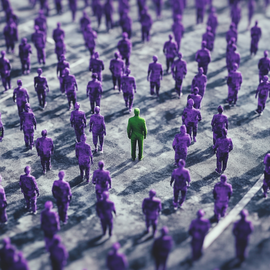 One green person surrounded by purple people, in lot.