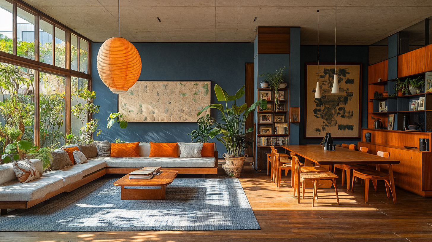 Open living room and dining table with blue tones