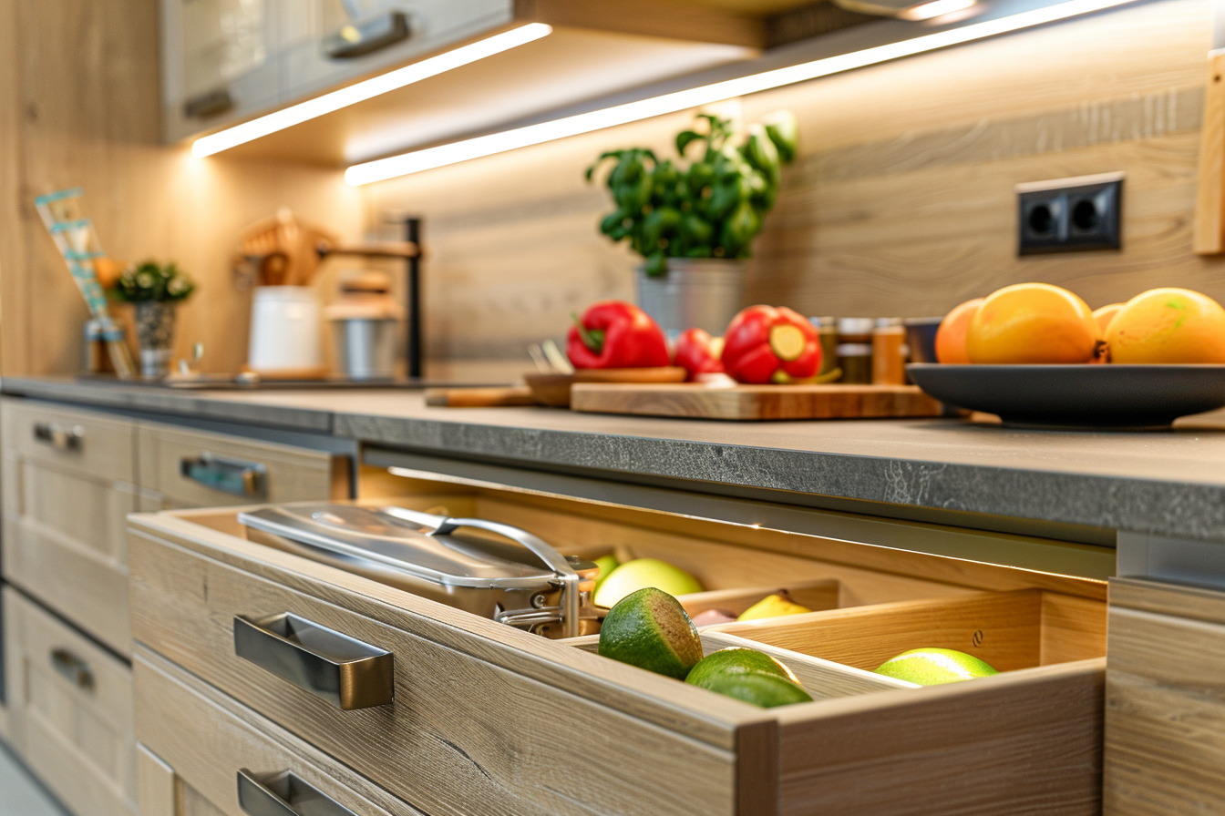 Optimized kitchen workspace with clutter-free countertop, drawers, shelves.