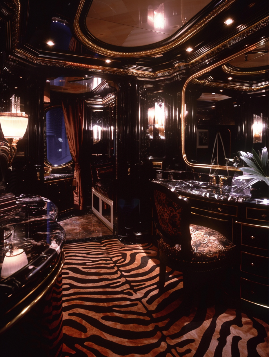 Opulent Art Deco cloakroom with zebra print carpet