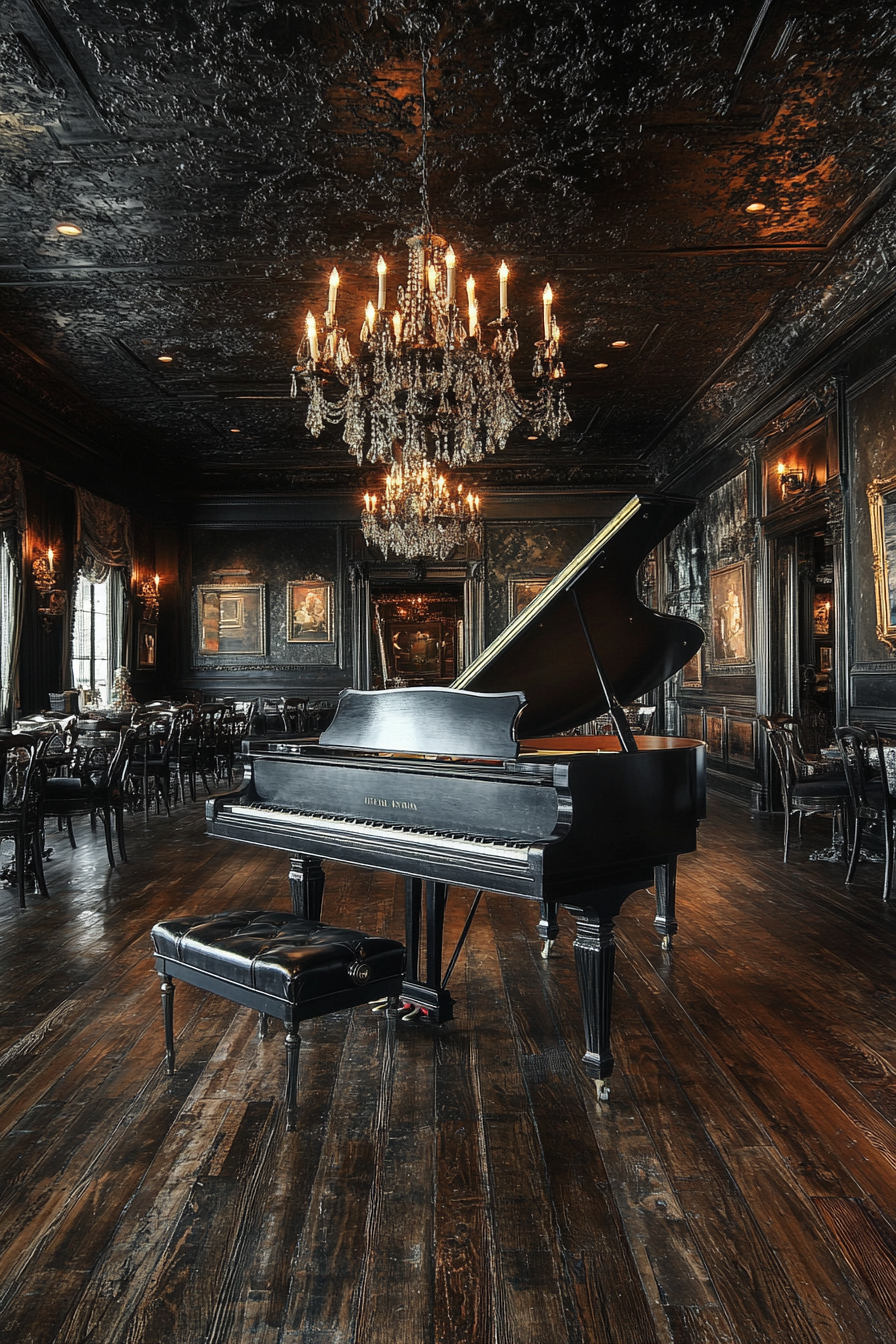 Opulent Gothic ballroom with dark tapestries and mirrors.