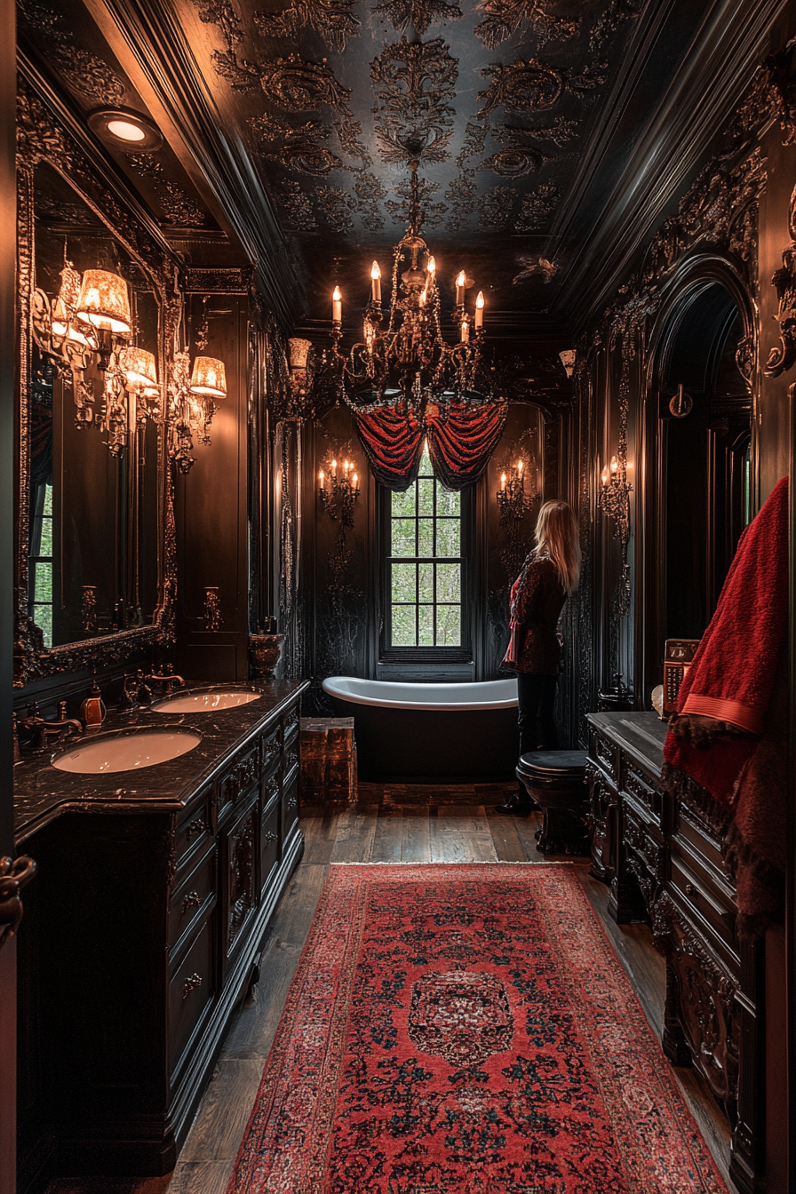 Opulent Western Gothic bathroom with Baroque and gothic details.