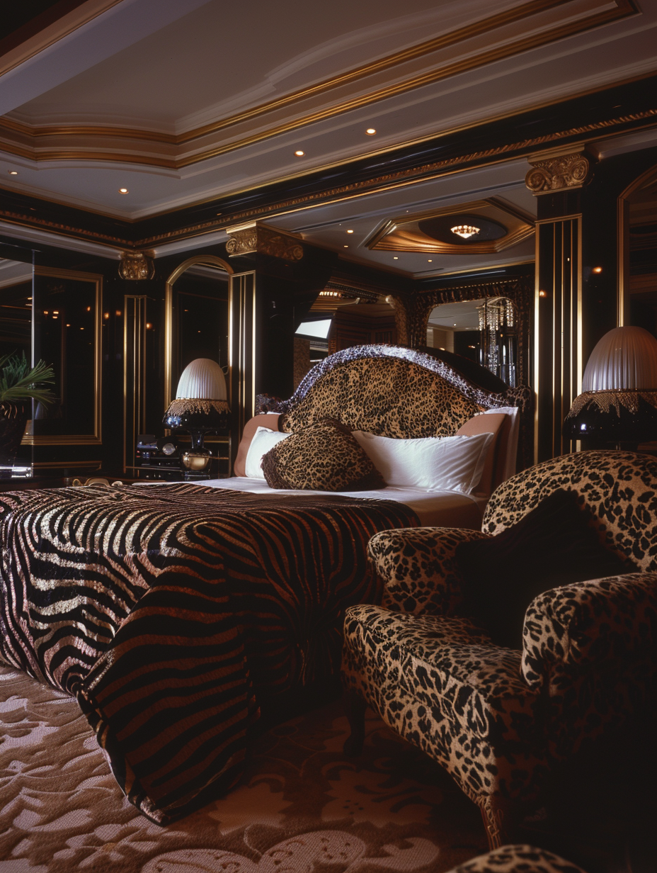 Opulent bedroom with zebra print and rich colors