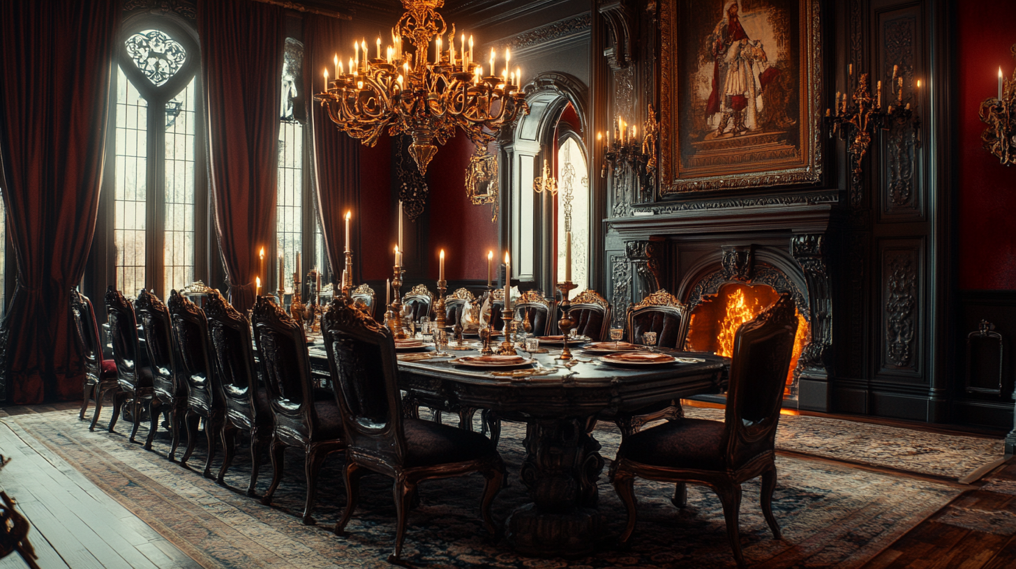 Opulent dining room with Gothic decor and regal ambience.