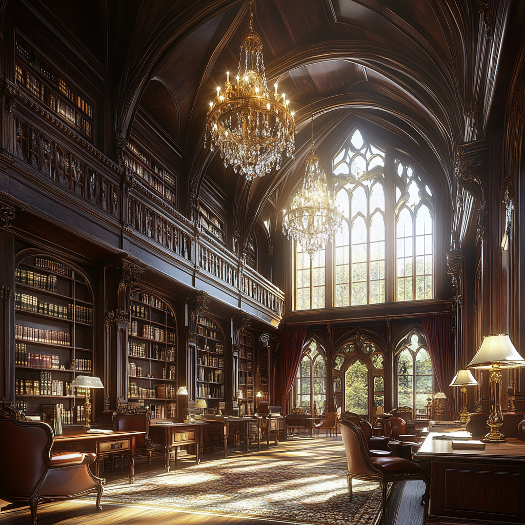 Opulent study hall with ancient books, crystal chandeliers.