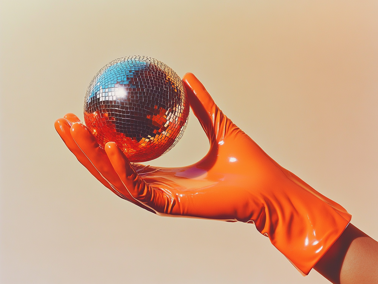 Orange glove holds disco ball in minimalistic style