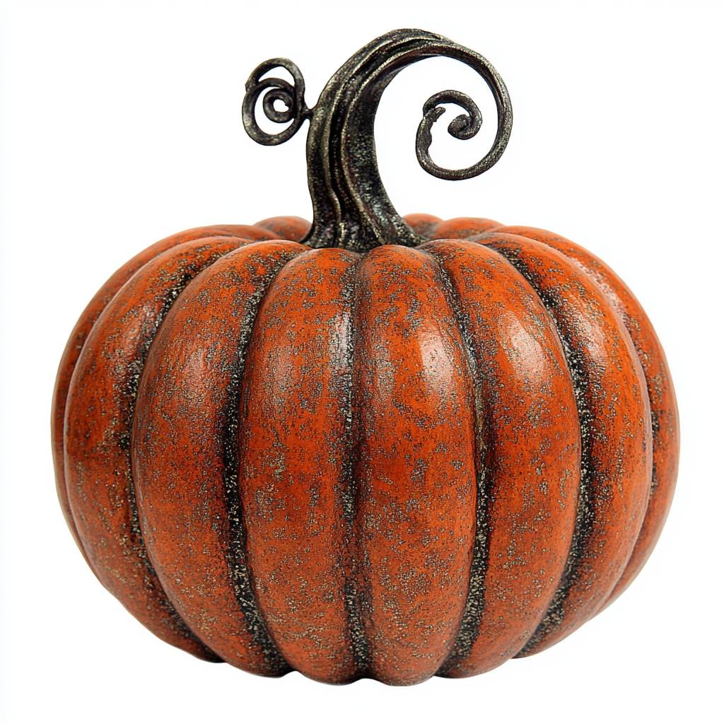 Orange pumpkin with green vine stem, white background.