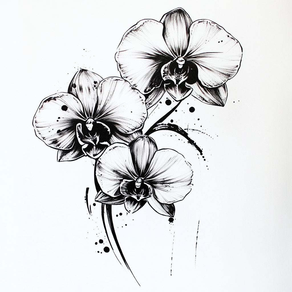 Orchid Tattoo Drawing with Wash Ink Splatter