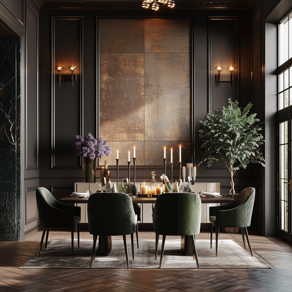 Organic dining room with modern luxury accents and decor.