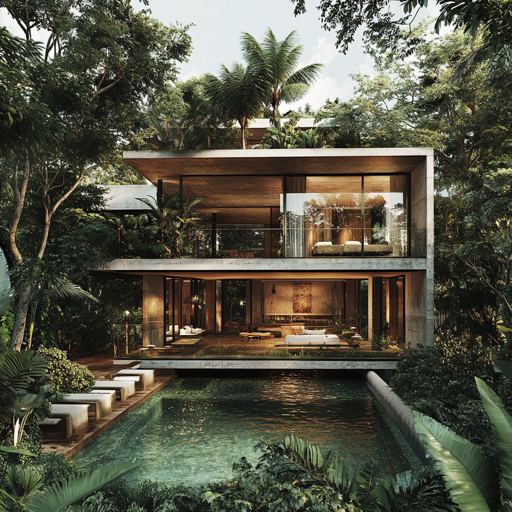 Organic modernist house in tropical forest with balcony.