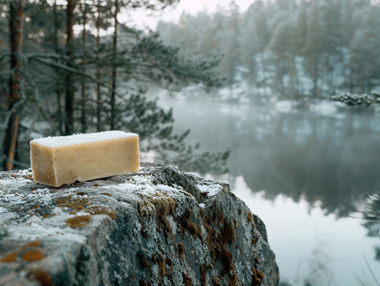 Organic soap bar on rocky forest with lake.