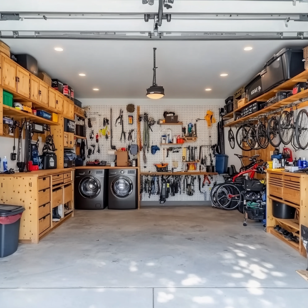 Organized garage with tools, bikes, and laundry storage.