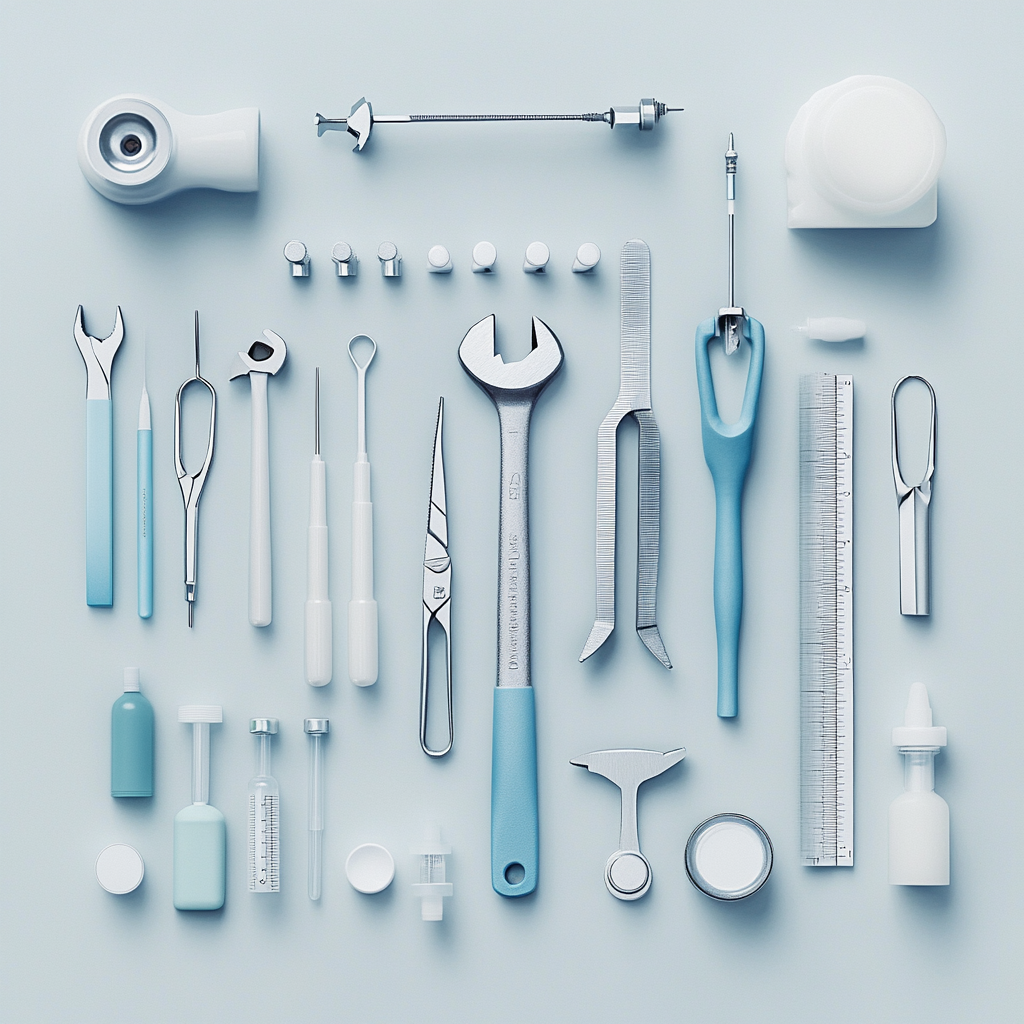 Organized tools and medical utensils in artistic arrangement.