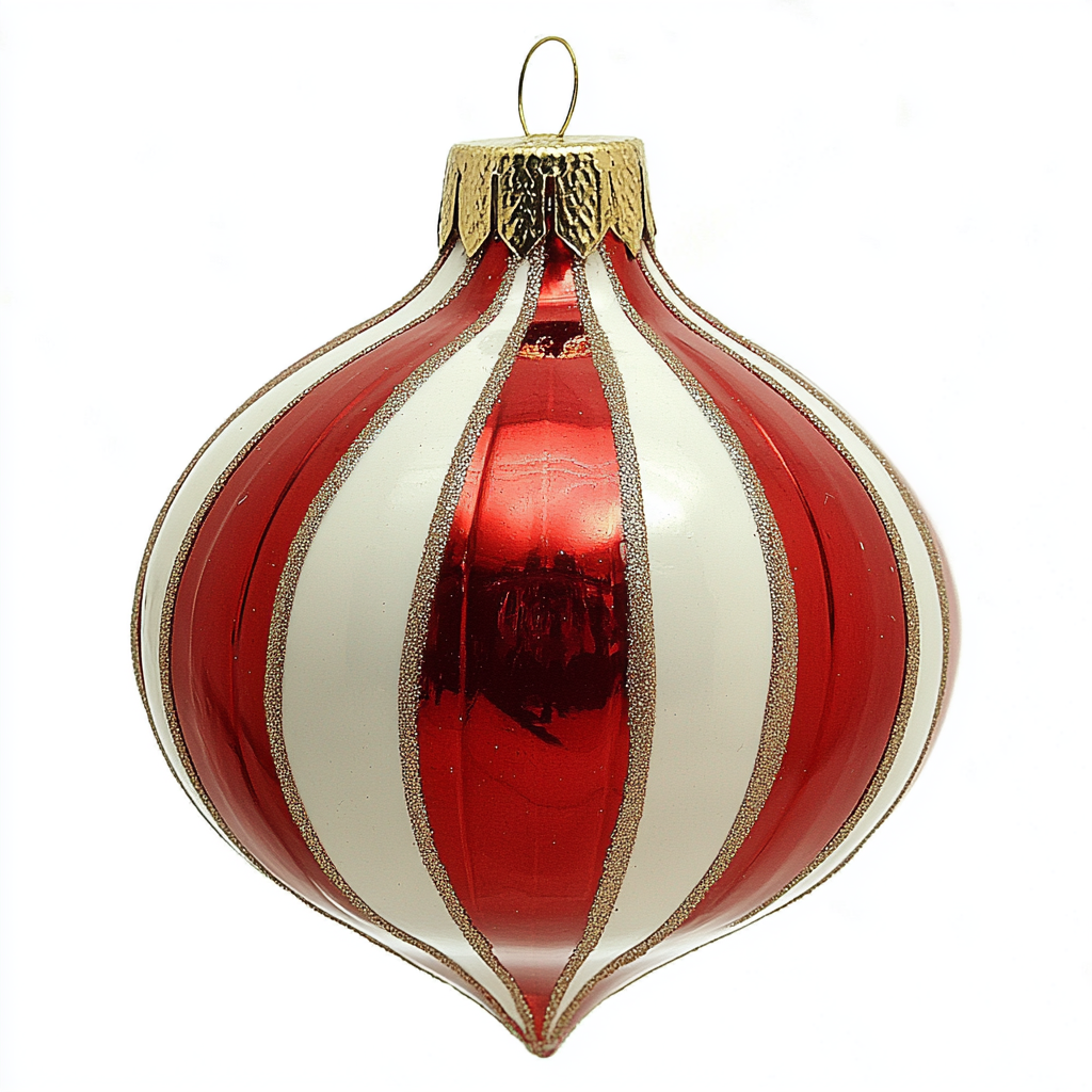 Ornament onion bulb with matte red stripes.