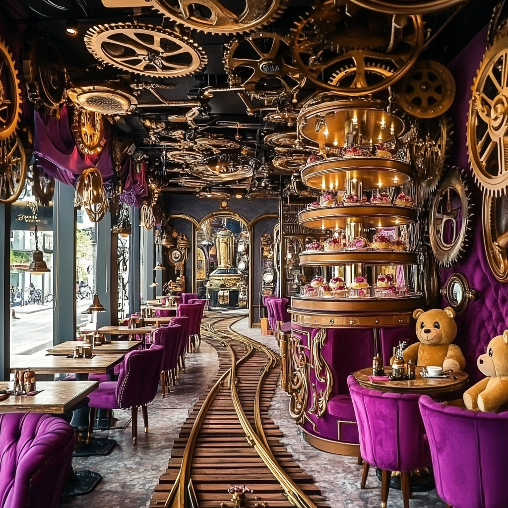 Ornate cake tower in purple café with train station vibes.