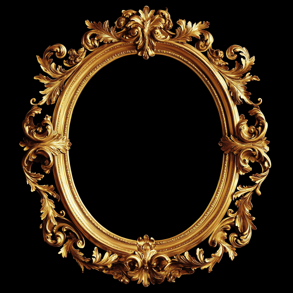 Ornate oval frame with gold leaf motifs, cherubs, curls.