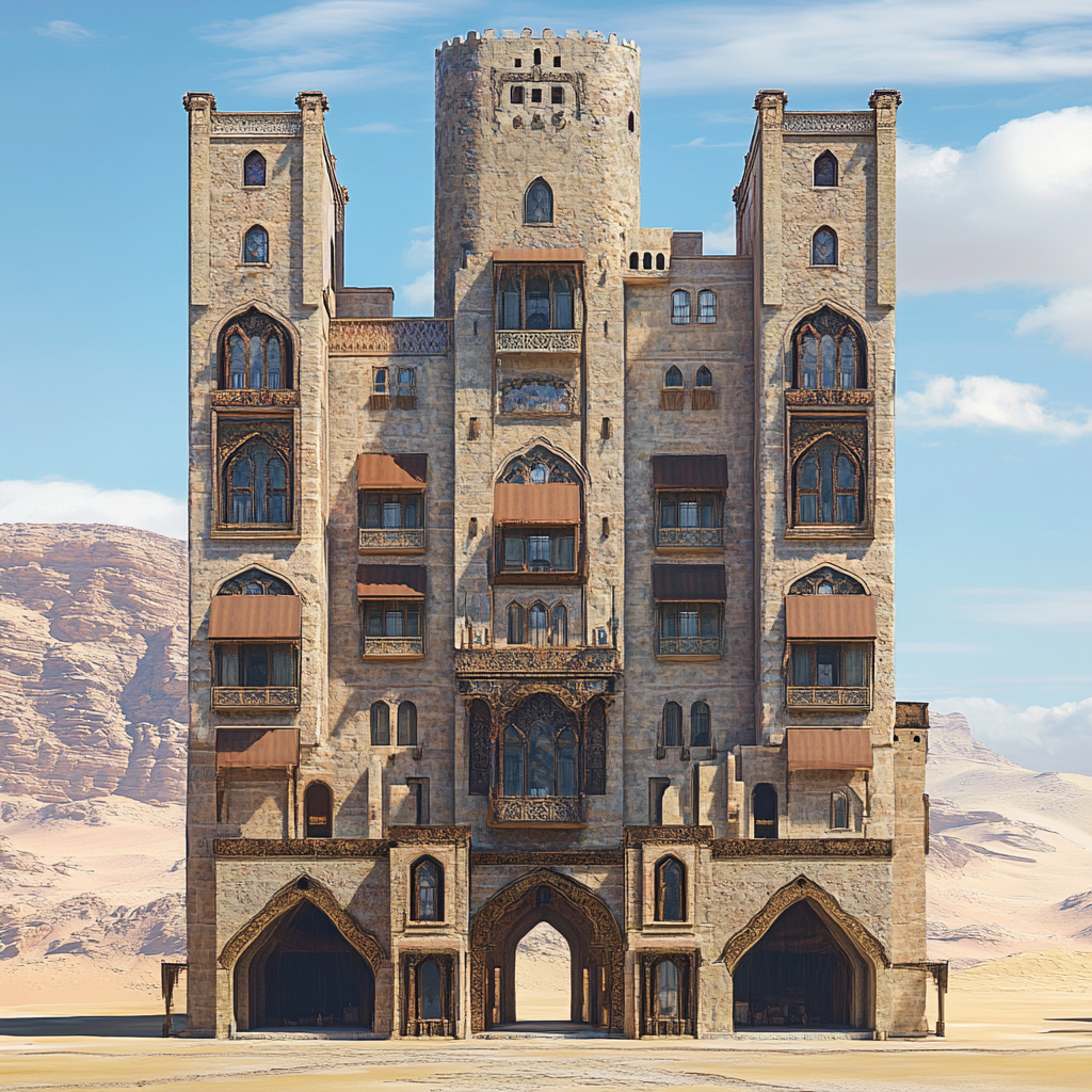 Ornate sandstone building surrounded by desert oasis with tower.