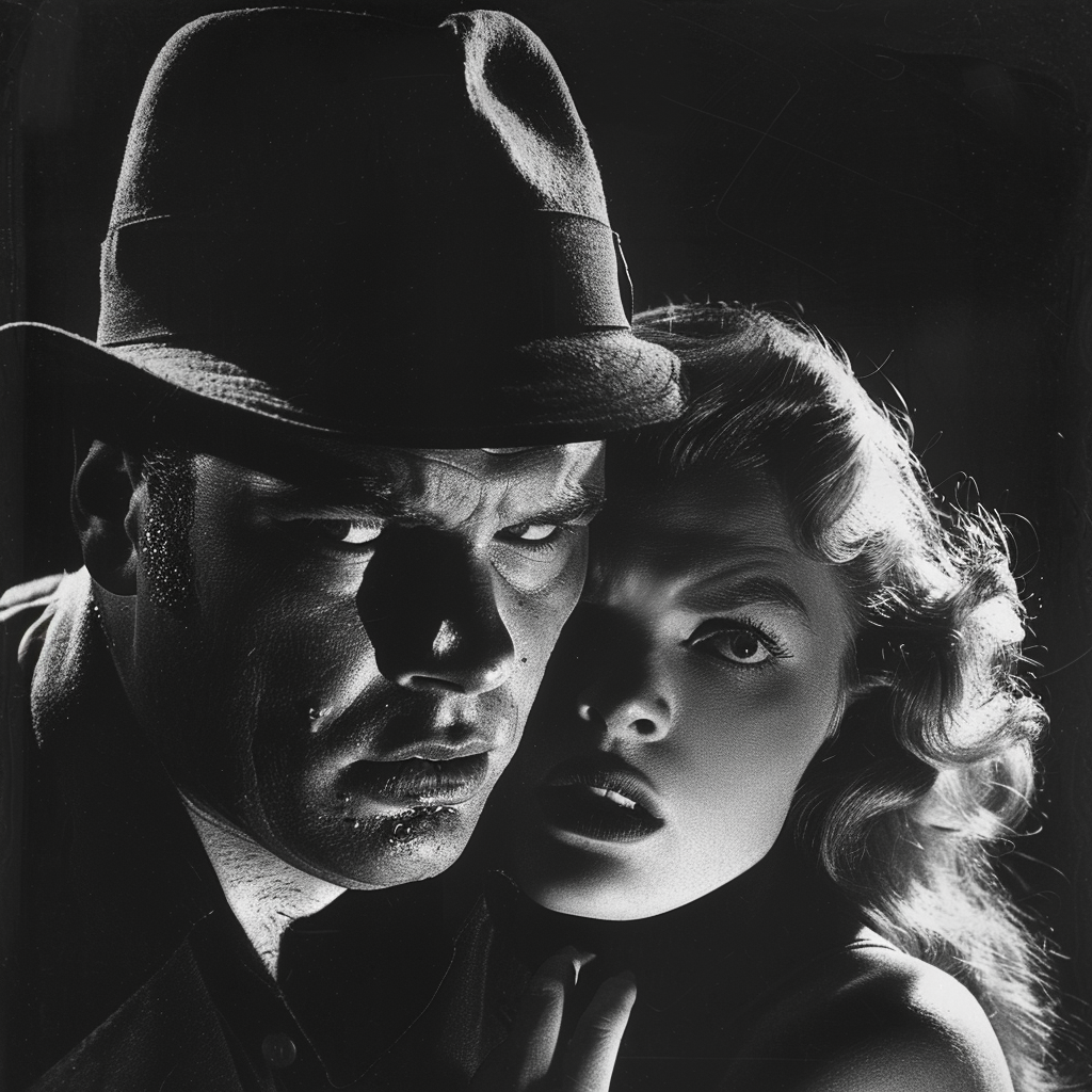 Orson Welles in fedora hat with woman dramatically hanging.