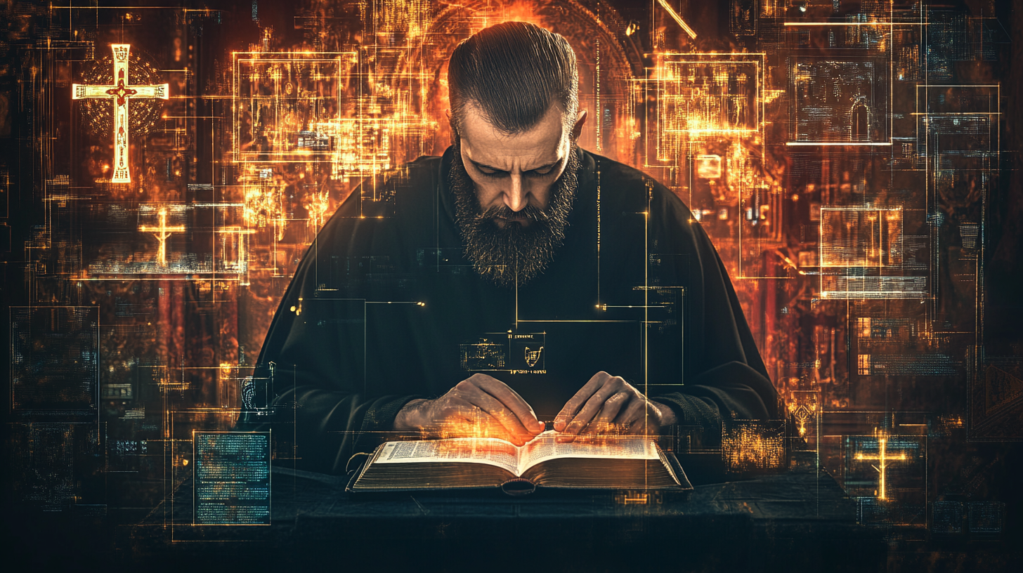 Orthodox Christian Monk Studies Sacred Knowledge with AI