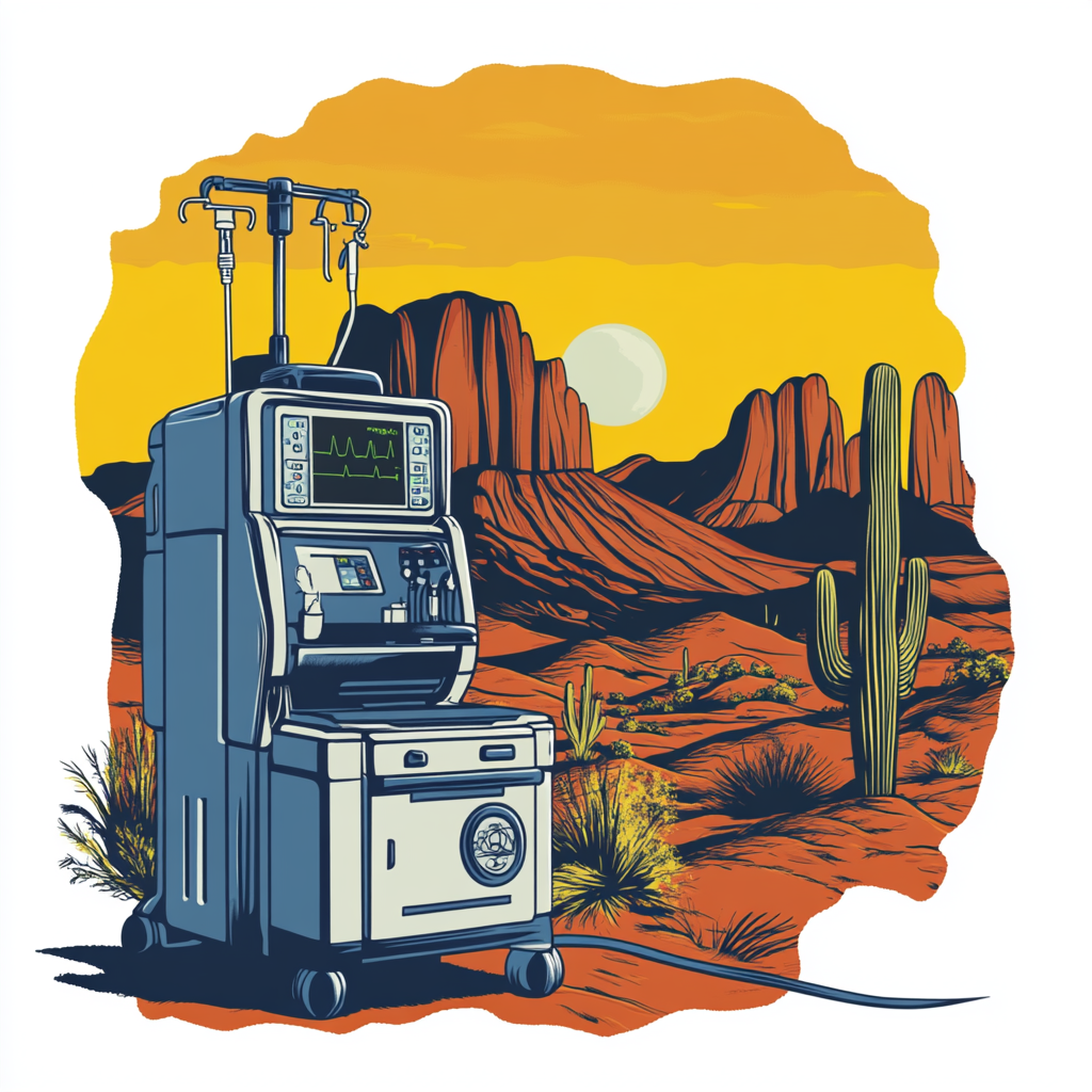 Outdoor Southwest scenery with anesthesia machine on shirt