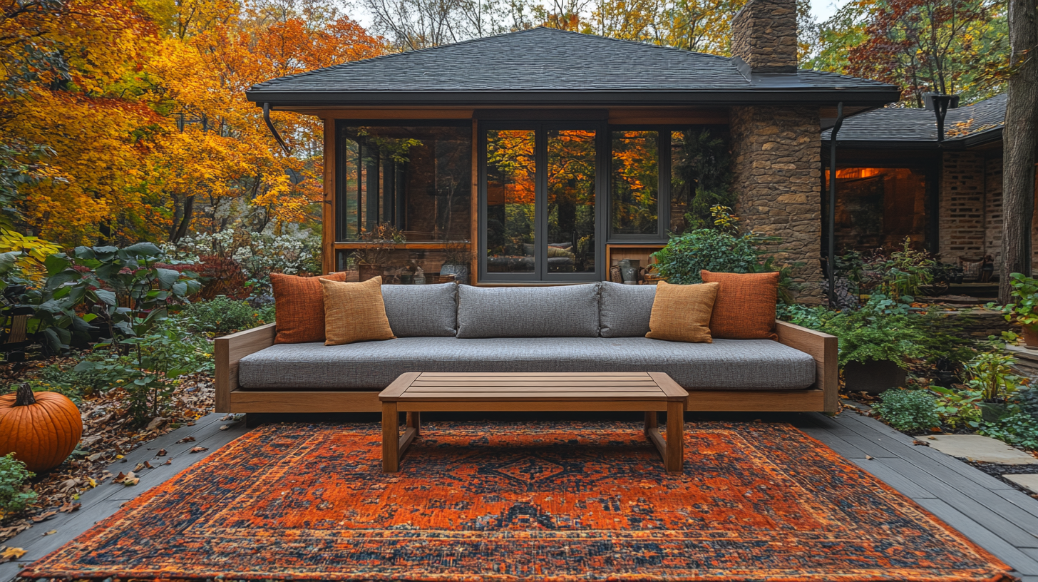 Outdoor bench with mid century Fall decor, welcoming atmosphere.