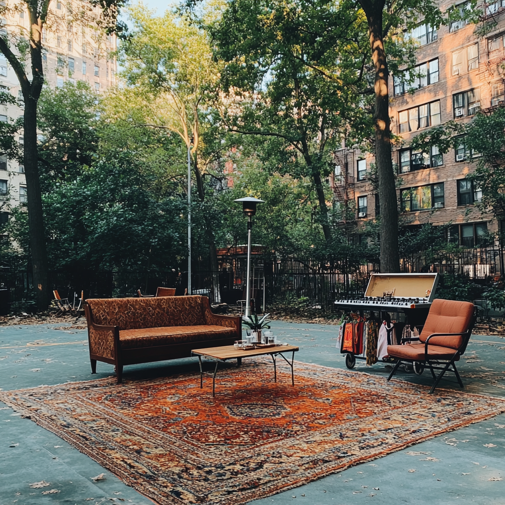 Outdoor living room with streetwear pop-up, DJ, coffee, cool people.