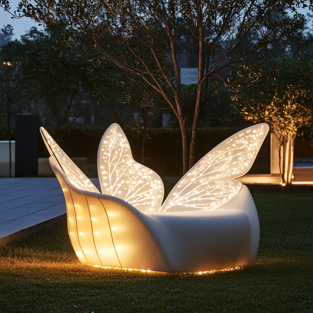 Outdoor seat with butterfly wings design, flickering LED lights.