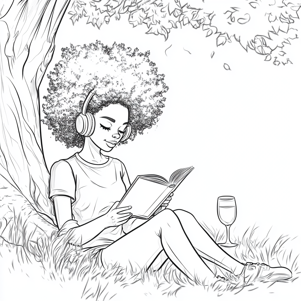 Outline of girl reading under tree with headphones & wine.