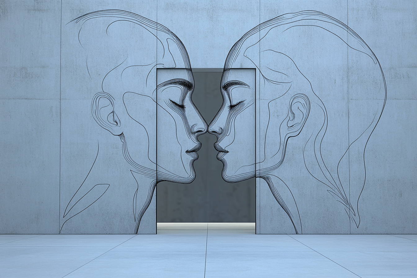 Outline of man face door and female face door.