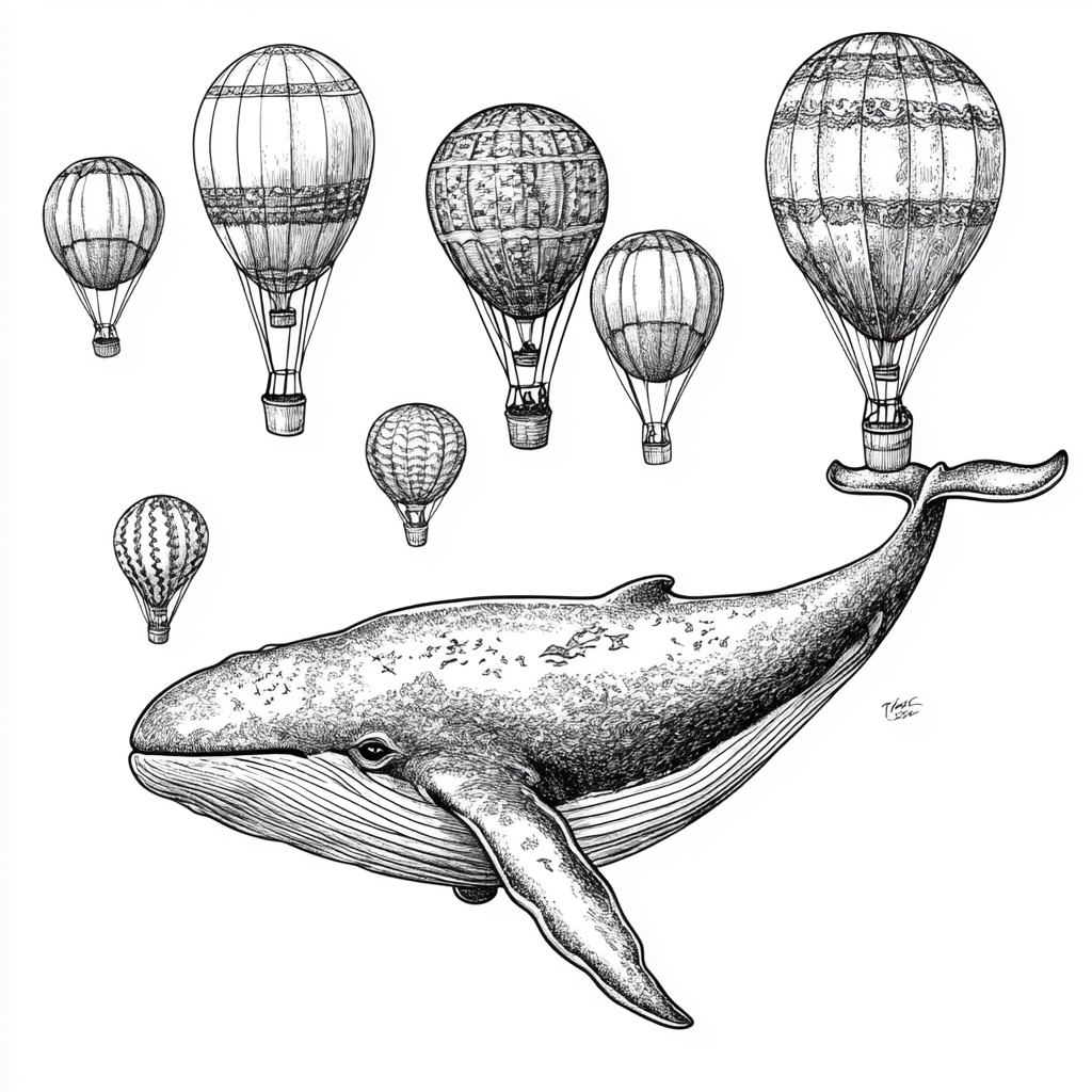 Outline whale with air balloons, simple, clean design.