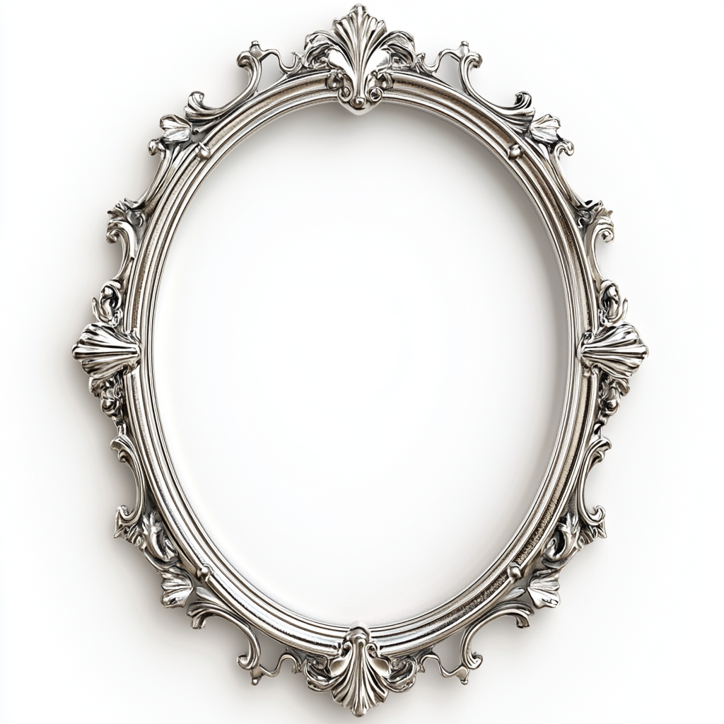 Oval silver frame with medieval fleur-de-lis ornaments.