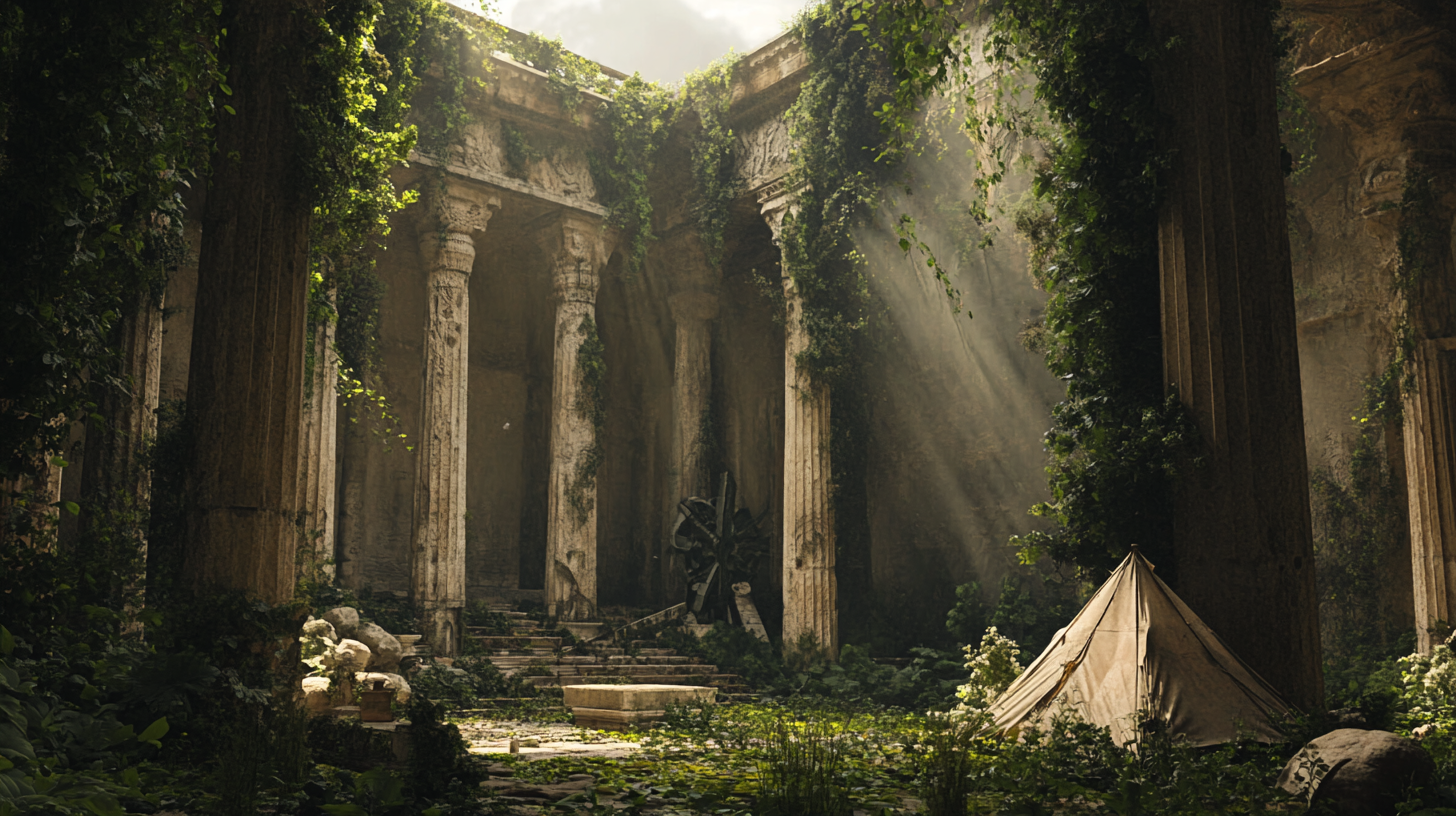 Overgrown ancient temple foyer with futuristic items in corner.