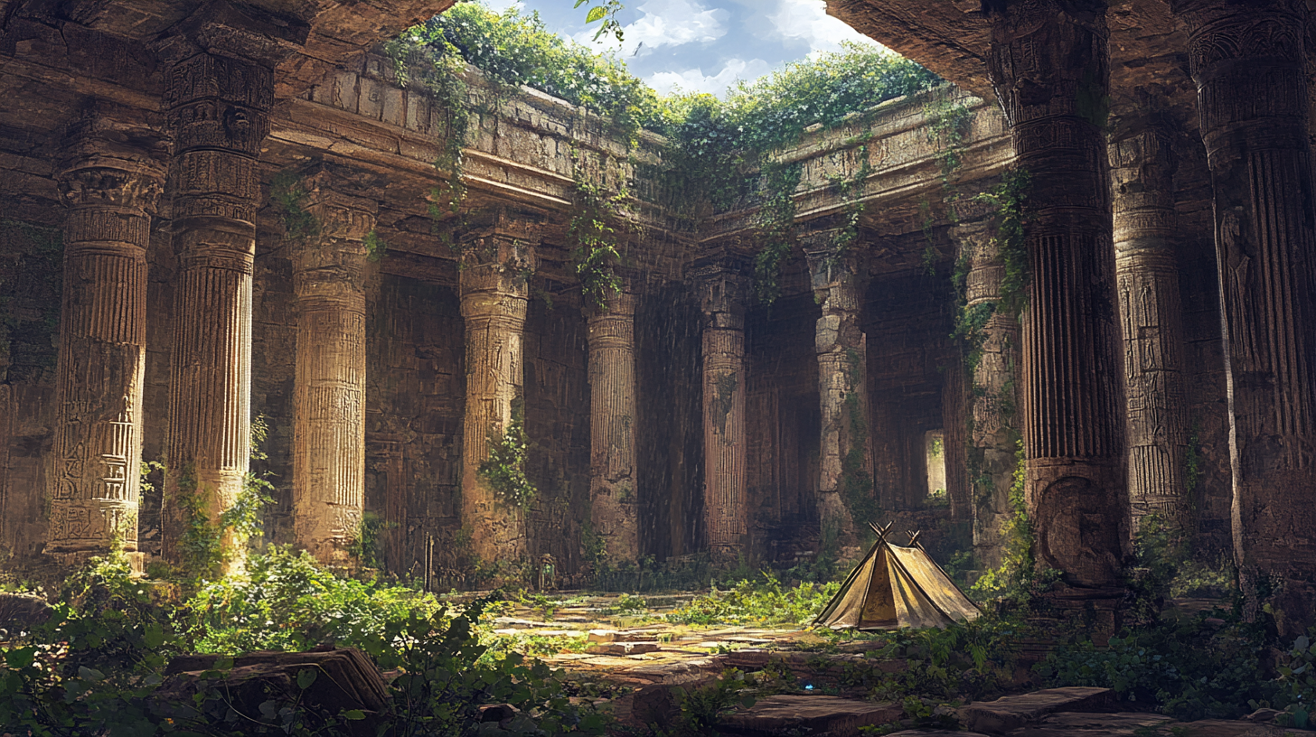 Overgrown ancient temple interior with futuristic tent and items.