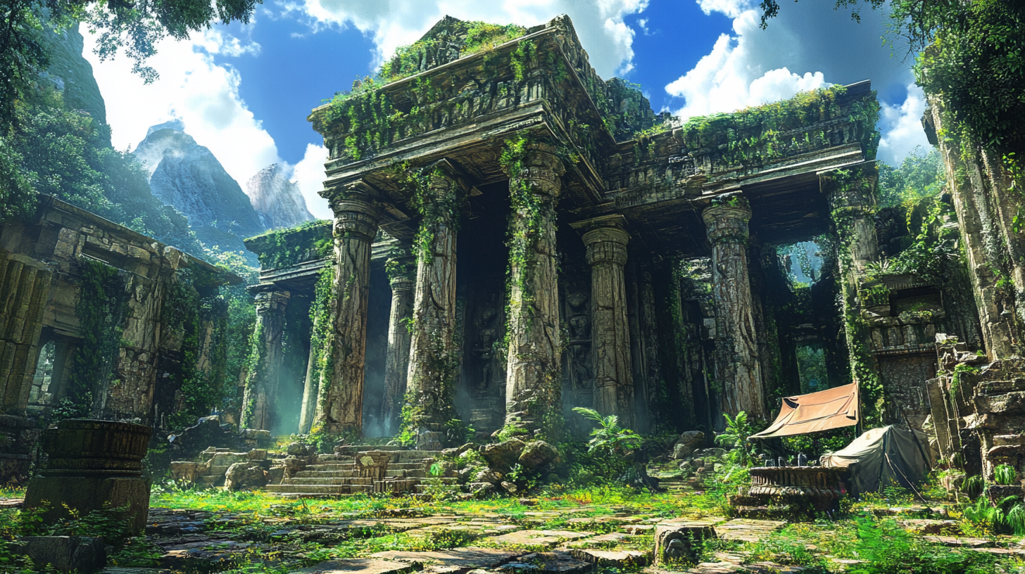 Overgrown forest takes over ancient temple with futuristic items.