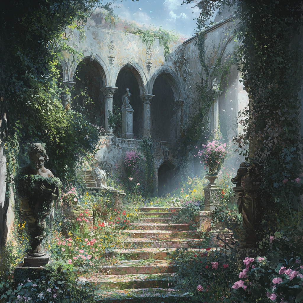 Overgrown garden in ruins with wildflowers and statues 