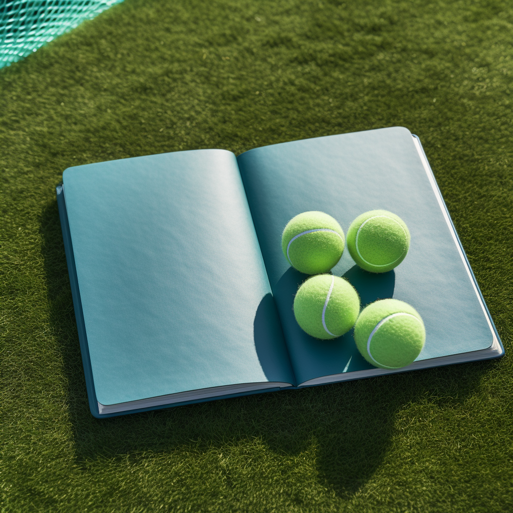 Overhead Tennis Balls & Notebook on Blue Court