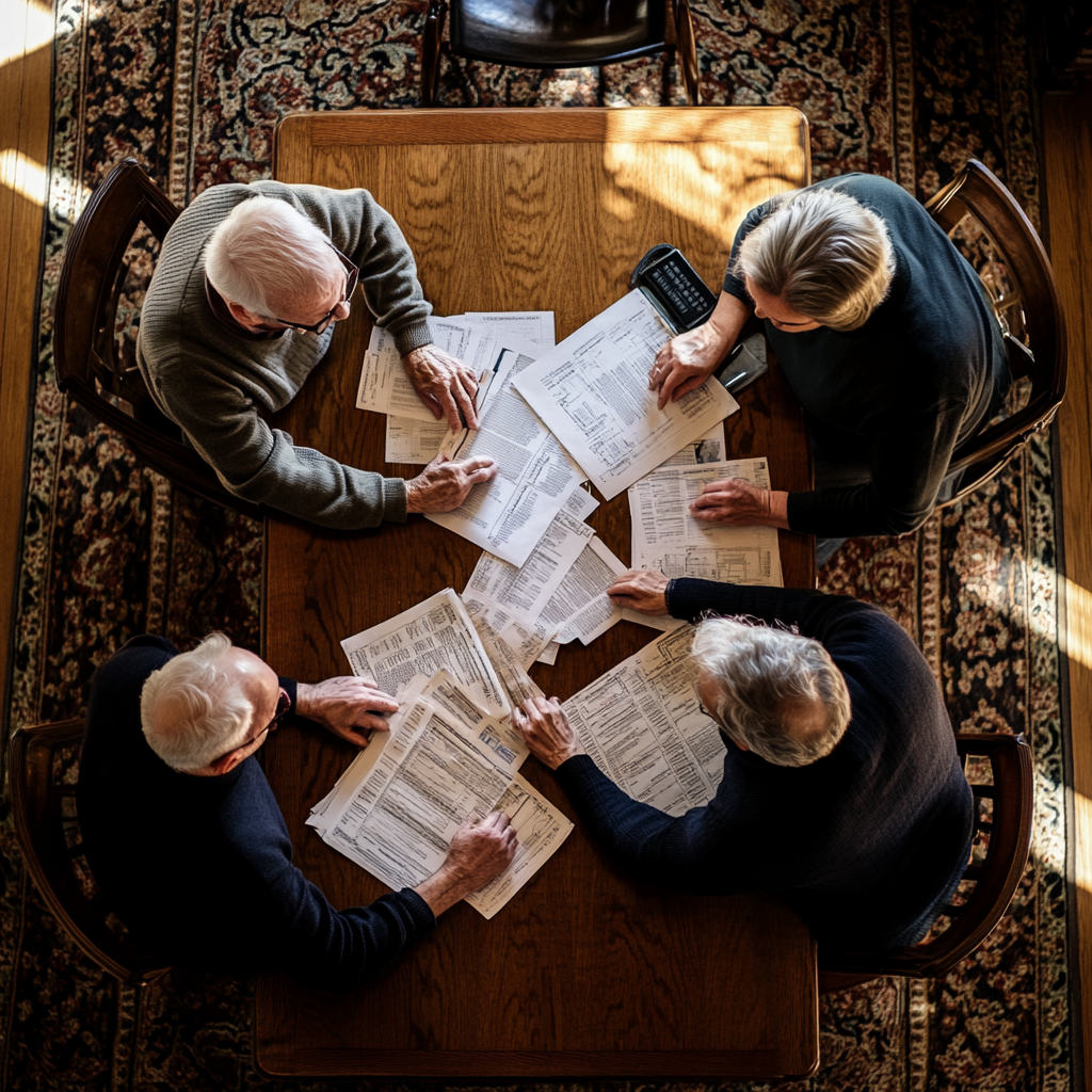 Overhead shot of elderly man, man, woman with bills