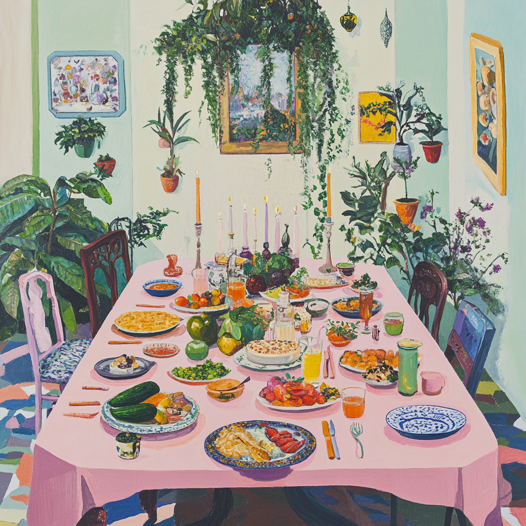 Overhead view of a busy pastel dining table.