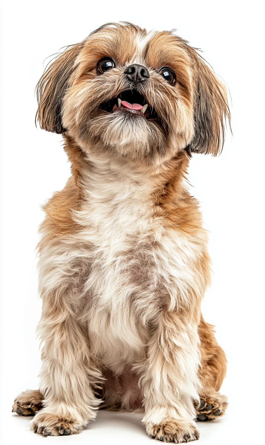 Overweight Shih-Tzu Dog Sitting, Happy, White Background, AR 3:5