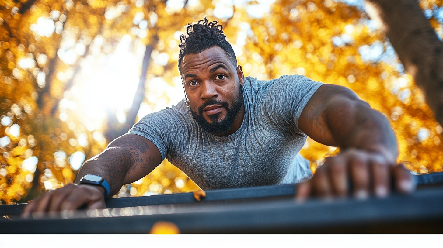 Overweight person doing step-ups on park bleachers.