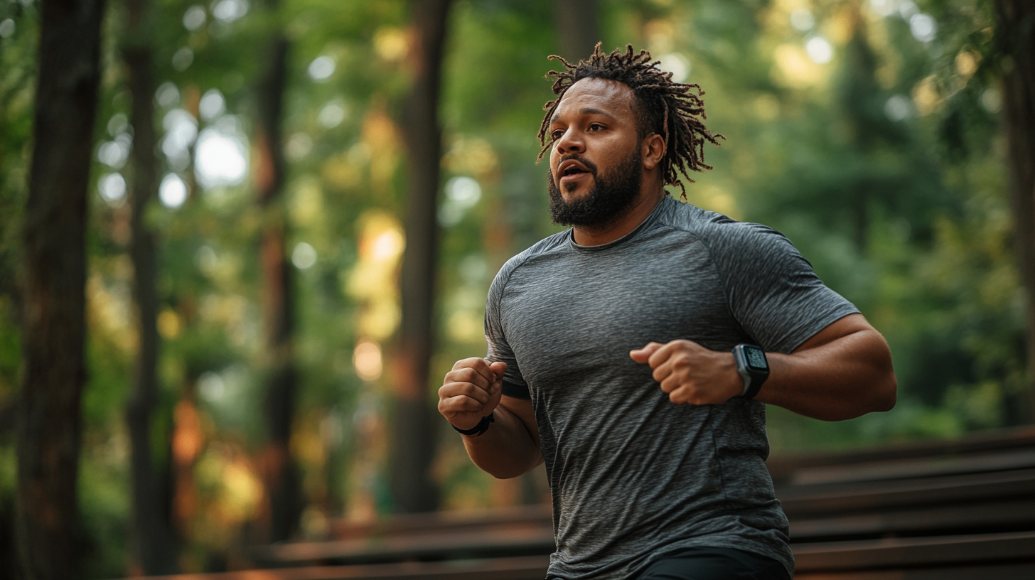 Overweight person exercising on park bleachers with smartwatch.