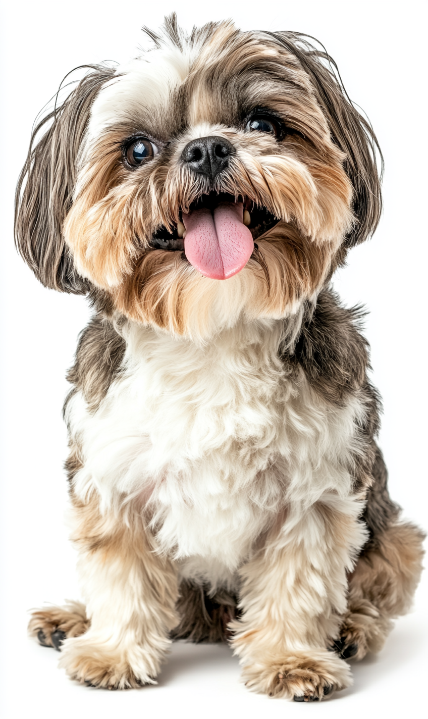 Overweight shih-tzu dog sitting, smiling, isolated on white