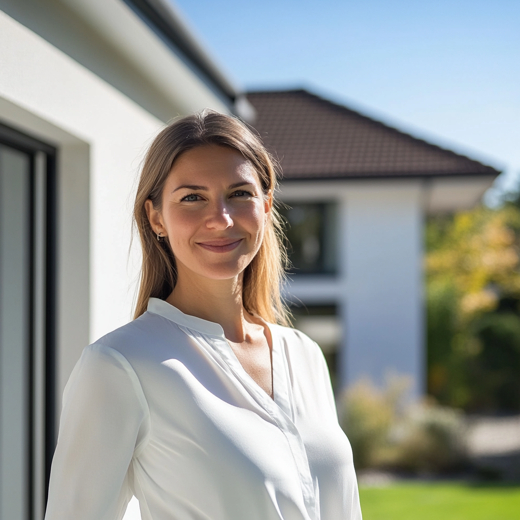 Owner wears white, stands by modern sunny home