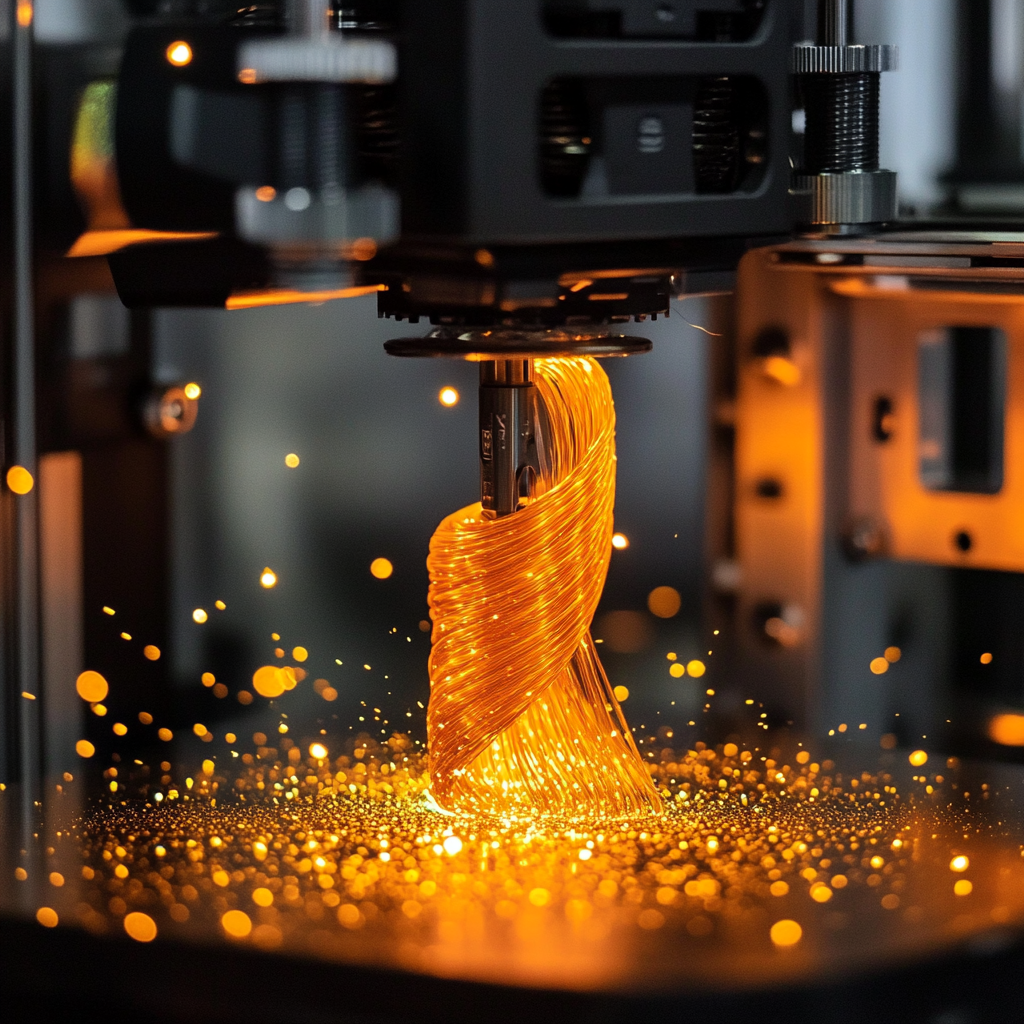 PLA filament speeding into 3D printer with sparks.