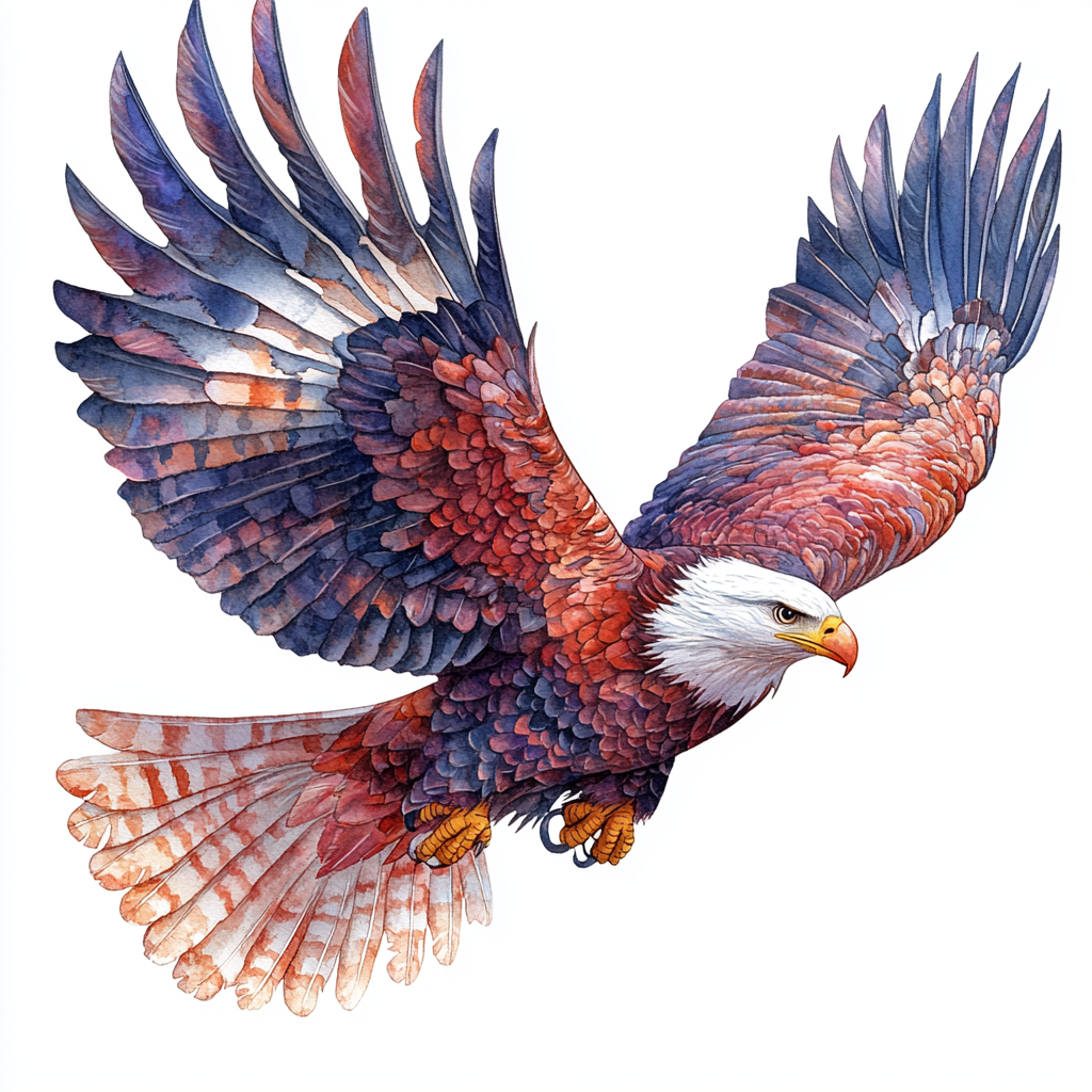 PNG eagle illustration soaring with colorful background.