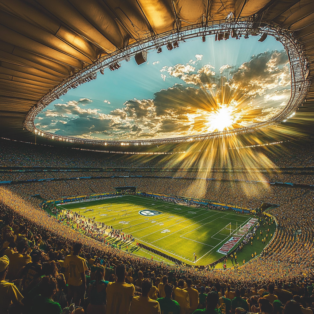 Packers football game at blocked Brazilian stadium, sun glare.