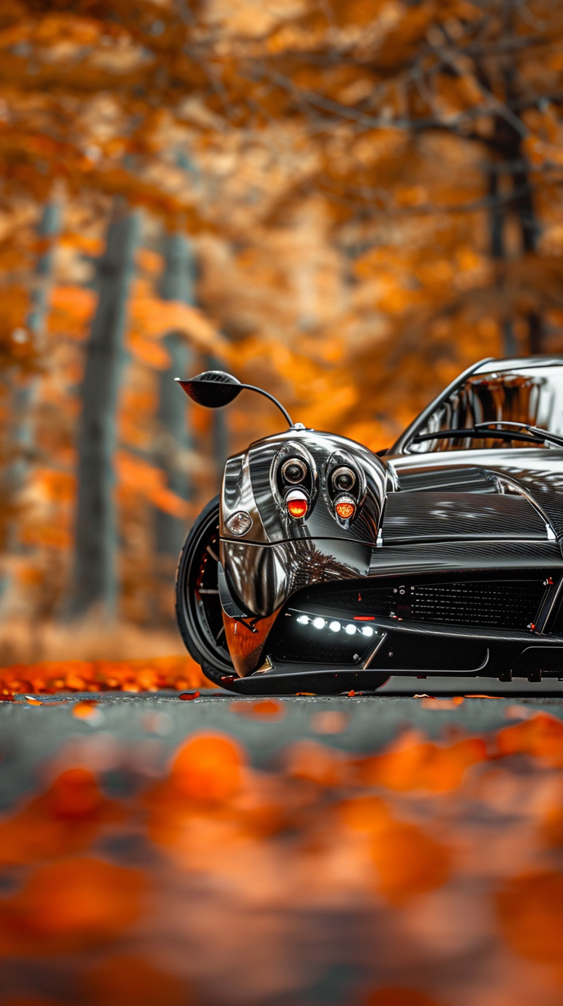 Pagani Huayra Custom Widebody Black Car on Autumn Jungle Road