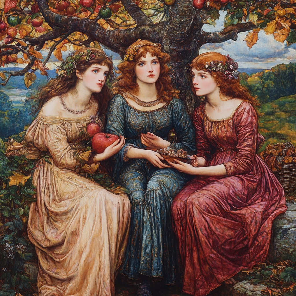 Painting in Pre-Raphaelite style: September essence in rich, saturated colors.