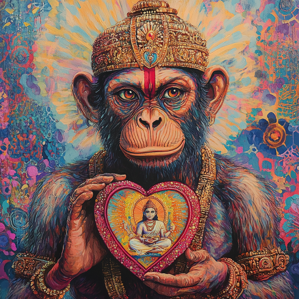 Painting of Hanuman Holding Divine Heart with King and Queen