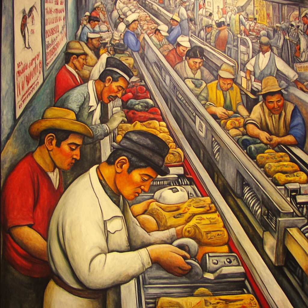 Painting of factory workers as religious leaders, souls conveyer.